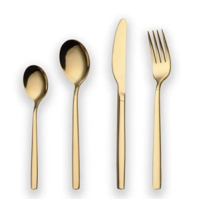 Image of Berglander 24 Piece Titanium Gold Plated Stainless Steel Cutlery Set, Pieces Golden Flatware Silverware Set Sets, Service for 6 (Shiny Gold)