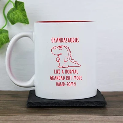 Image of eBuyGB Grandasaurus Mug, Grandad Dinosaur Engraved Red Reveal Coffee Mug Tea Cup, Father&#039;s Day Gift for Granddad, Grandpa, Birthday Gift, Funny Present