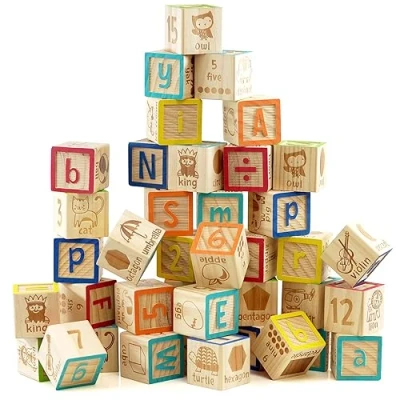 Image of The Magic Toy Shop Wooden ABC Blocks Alphabet Number Block Set Kids Educational Toys 40 Pcs Building with Storage Bag Children Stacking for 2 Years+