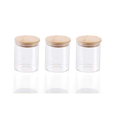 Image of 3x450ML Glass Airtight Storage Jars Set of 3, Kitchen Food Canister Containers with Bamboo Lid &amp; Silicone Sealing Ring for Candy, Cookie, Rice, Sugar, Flour, Pasta, Nuts