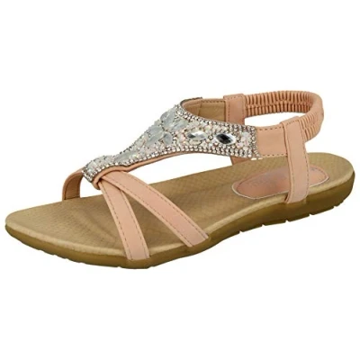 Image of Jo &amp; Joe Ladies Faux Leather Peep Open Toe Sling Back T Bar Dimante Flat Flip Flop Sandals Size 3 8 (UK 4, Pink)