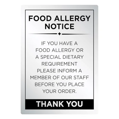 Image of Food Allergy Sign Notice Allergen A5 Silver 210 x 148mm Bar Restaurant Catering