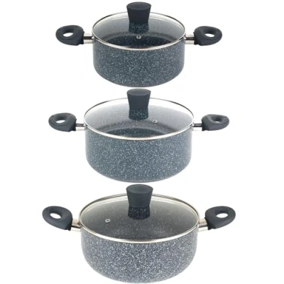 Image of Russell Hobbs COMBO 9112 Nightfall Stone Stockpot Set Non Stick Cooking Pots, Tempered Glass Lids, Induction, Lightweight Aluminium Cookware, Easy Clean, PFOA Free, Soft Touch Handles, 20/24/28 cm