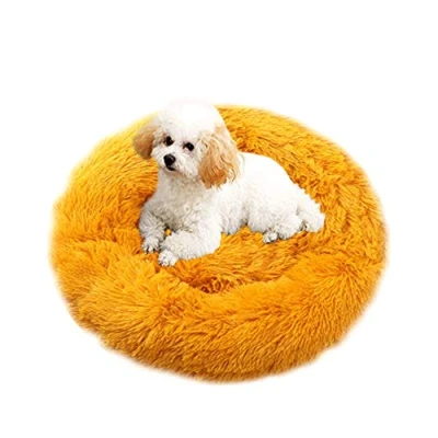 Image of Round Pet Bed Calming Plush Nest Warm Soft Cushion Donut Cuddler Cat Dog Puppy Comfortable for Sleeping Winter (50cm, Yellow)