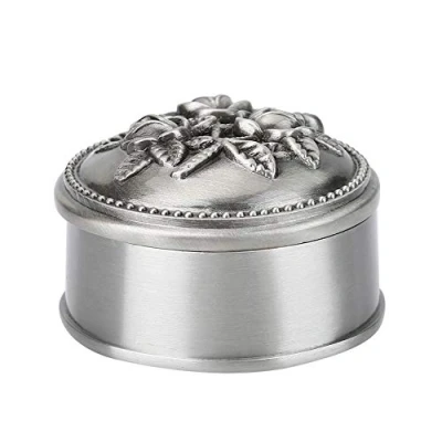 Image of Hilitand Jewelry Box, Vintage Flower Zinc alloy Carved Round Design Antique Women Trinket Case For Ring Storage