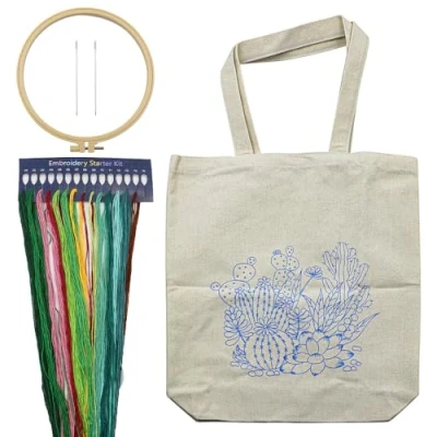 Image of Namvo Canvas Tote Bag Embroidery Kit with Pattern and Instructions, Include Flower Pattern, Bamboo Hoops, Color Threads Tool