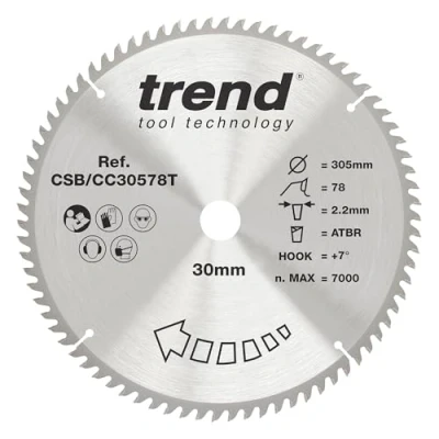 Image of Trend Wood Cordless ATBR Mitre Saw Blade, 305mm Diameter, 30mm Bore, 78 Teeth, TCT, 2.44mm Kerf, +7 Hook, CSB/CC30578T