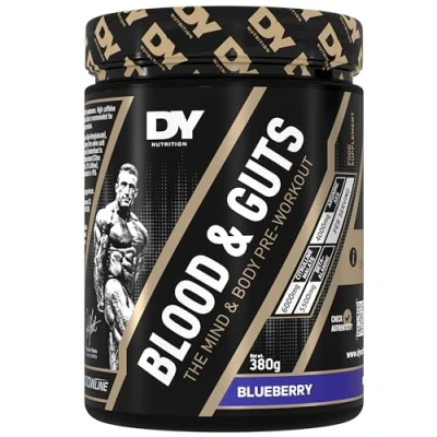Image of DY Nutrition Blood and Guts Pre Workout Powder, 380g (Blueberry) High Strength Preworkout with 350mg Caffeine, Citrulline Malate, Beta Alanine, Arginine AKG, L Tyrosine, Vitamin B3 for Men &amp; Women