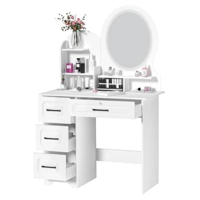 Image of ehozirta Makeup Desk with Mirror, Large Vanity Storage Shelves, 4 Drawers, Table Light, Bedroom Dressing