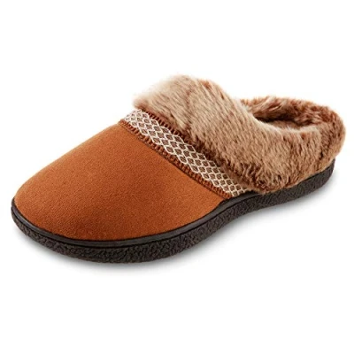 Image of Isotoner Women&#039;s Recycled Microsuede Mallory Hoodback Slipper, with Memory Foam and Indoor/Outdoor Sole, Cognac, 5.5/6 UK