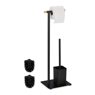 Image of Relaxdays WC Set, Bamboo, Stainless Steel, Free Standing, incl. 2 Spare Heads, Toilet Roll &amp; Brush Holder, Black/Natural, 64.5 x 22 18 cm