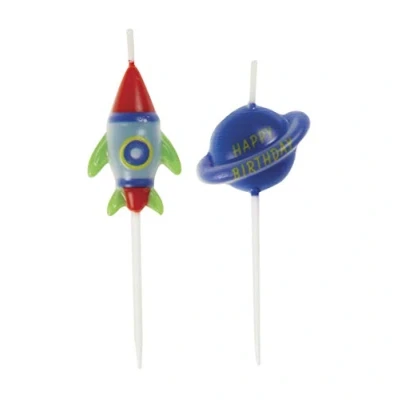 Image of Blast Off with Outer Space Pick Birthday Candles Assorted Colors &amp; Unique Designs Perfect for Kids&#039; Astronaut, Planet, Galaxy Themed Parties 6ct