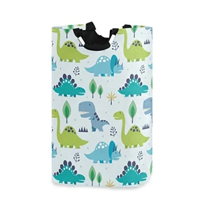 Image of Funny Cartoon Dinosaurs Laundry Hamper Basket Bucket Yellow Blue Tree Foldable Dirty Clothes Bag Washing Bin Toy Storage Organizer for College Dorms, Kids Bedroom,Bathroom