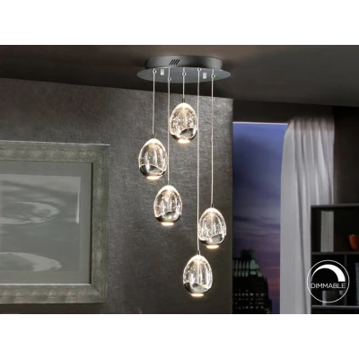 Image of Roc Integrated LED 5 Light Crystal Cluster Drop Ceiling Pendant Chrome