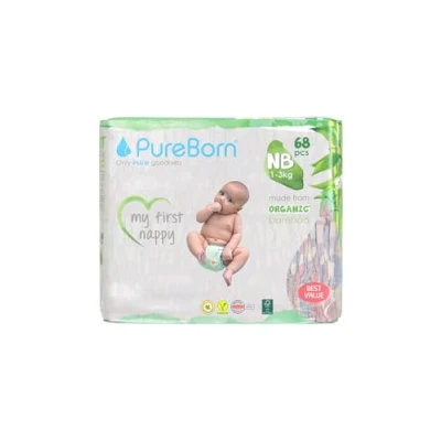 Image of PureBorn Eco Organic Bamboo Nappies, Size Newborn (up to 5 kg), 68 Hypoallergenic, Ultra Soft, Dermatologically Tested, Wetness Indicator