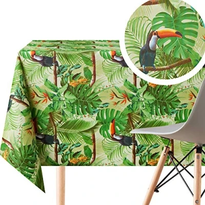 Image of KP HOME Textil Feel Tropical Jungle PVC Wipe Clean Table Cloth Rectangular 250x140 cm 98x55 In 8 Seats Wipeable Tablecloth Waterproof Vinyl Oilcloth With Toucan Birds And Green Palm Leaves