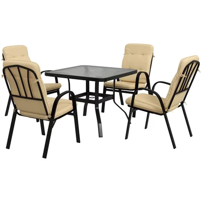 Image of Outsunny 5 Pieces Garden Dining Set, Outdoor Square Table and 4 Cushioned Armchairs, Tempered Glass Top w/Umbrella Hole, Texteline Seats, Beige