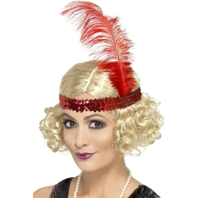 Image of Smiffys Charleston Wig, Blonde Curly with Sequin Headband, 1920&#039;s Razzle Fancy Dress, Adult Dress Up Wigs