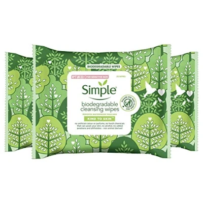 Image of Simple Kind To Skin, Biodegradable Cleansing Make Up Remover Face Wipes for Women, Perfect Sensitive Skin 1 Months Supply (6 Packs Of 20 Wipes)