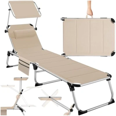 Image of TecTake® Folding Sun Lounger with Padding Adjustable 6 Position Backrest &amp; Canopy, Aluminium Frame, Side Pocket Removable Headrest Weather UV Resistant Garden Chair Beige