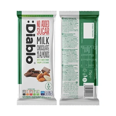 Image of Diablo Milk Chocolate with Almonds Sweetened Stevia No Added Sugar, Gluten Free Perfect for Gifting 75g. (Pack of 1)