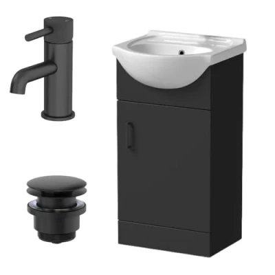 Image of Affine® 450mm Bathroom Vanity Unit Ceramic Sink Floorstanding Storage Cabinet Cupboard &amp; Black Fluted Basin Tap Waste Set, Matt