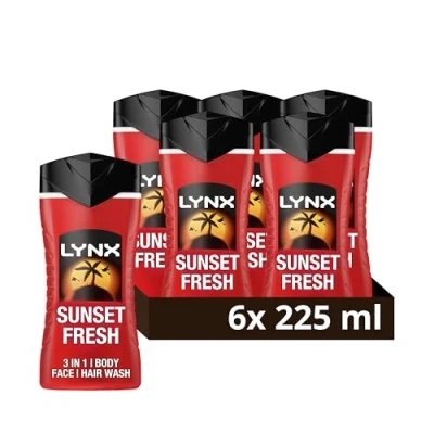 Image of Lynx Sunset Fresh 3 in 1 body Wash hair, face and cleanser with a mango mandarin scent for all day freshness 6x 225 ml