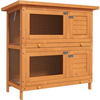 Image of PawHut 2 tier Rabbit Hutch Small Animal Wooden Bunnies House Outdoor Backyard SizesD51 069