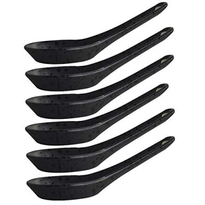 Image of Sunnex Set of 6 Black Chinese Soup Spoons Porcelain Oriental