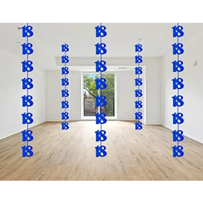 Image of SHATCHI Age Hanging String 13th 90th Glitz Anniversary Birthday Metallic Shiny Foil Banner Party Door Wall Decorations Pack of 6, Blue