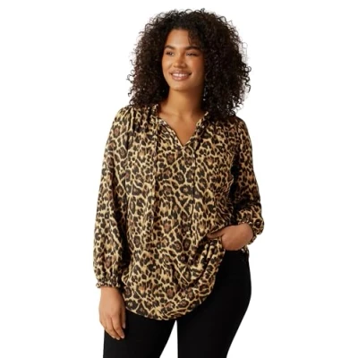 Image of EVANS Curve Natural Leopard Print Crepe Tie Neck Blouse Women&#039;s Plus Size Brown