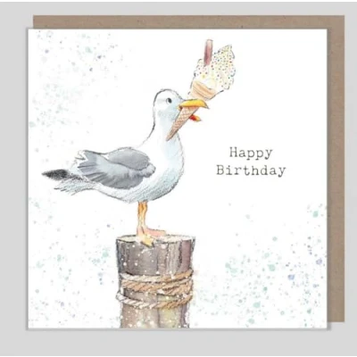 Image of Funny Birthday Card Ice Cream Stealing Seagull Cute Illustrated Greeting
