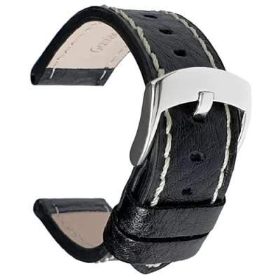 Image of Talk Time Thick Leather Watch Strap Buffalo Grain Genuine Padded Calf Black 20mm