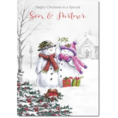 Image of doodlecards Son &amp; Partner Christmas Card Two Snowmen Medium Size with Plain Red Envelope, 21 x 15cm