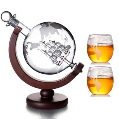 Image of Whiskey Globe Decanter with Glasses Set, Carafe Set 1 and 2 Glasses, Ship for Whiskey, Scotch, Vodka Gift