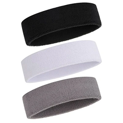 Image of ONUPGO Sweatband Headband for Men &amp; Women 3PCS Sports Headbands Moisture Wicking Athletic Cotton Terry Cloth Sweat Absorbing Head Band 3 Black/Grey/White