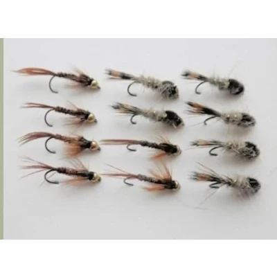 Image of 12 BARBLESS Gold head Nymph Trout Flies Hares Ear and Pheasant Tails, Choice of sizes (10)