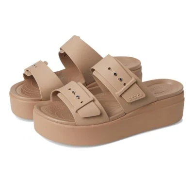 Image of Crocs Women&#039;s Brooklyn Buckle Low Wedge Sandal, Latte, 7 UK