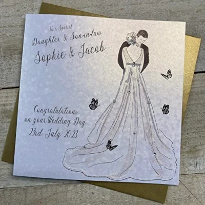 Image of White Cotton Cards PERSONALISED WEDDING CARD, TO A SPECIAL DAUGHTER &amp; SON IN LAW, COUPLE DESIGN, HAND FINISHED (X) P23 4 DS