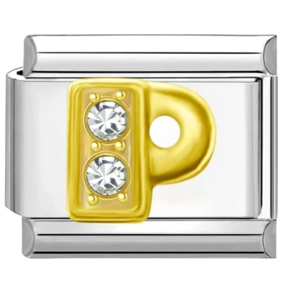 Image of Quiges 9mm Italian Style Charm Link Module Stainless Steel Zirconia Gold Alphabet Letter P for Bracelets