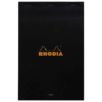Image of RHODIA 196009C Stapled Notepad N19 Black A4+ Lined 80 Detachable Sheets White Clairefontaine Paper g/m Soft, Resistant and Waterproof Coated Card Cover Basics, 210x318mm