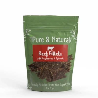 Image of Pure &amp; Natural Superfoods Air Dried Beef Fillets Treats with Raspberries Spinach Meat for Dogs and Healthy Dog Snacks 100g