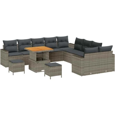 Image of vidaXL 13 Piece Garden Sofa Set with Cushions Grey Poly Rattan Acacia