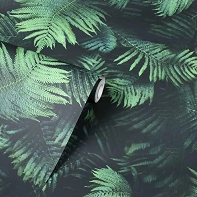 Image of Arthouse Black and Green Fern Wallpaper Smooth Finish Feature Wall