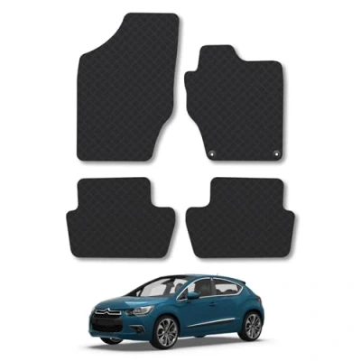 Image of Rubber Car Mats Compatible with Citroen DS4 (2011 2015) Tailored Fit Floor Set Accessory Black Custom 4 Pieces Clips Anti Slip Backing, Heavy Duty &amp; Waterproof