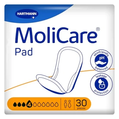 Image of MoliCare Pad 4 Drops Extra Long Adult Incontinence Pads for Women and Men with Moderate Bladder Weakness, Odour Neutralising, Leakage Protection, Advanced Skin 30 Pieces