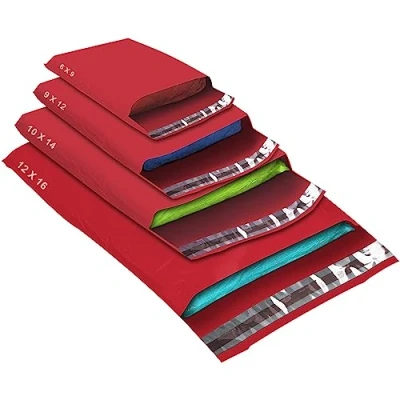 Image of 50 Mixed Size Red Mailing Bags, 4 Sizes Self Seal Strong Waterproof Poly Plastic Envelopes for Parcels, Packaging, Small, Medium, Large Mail, Shipping Courier Delivery Bags