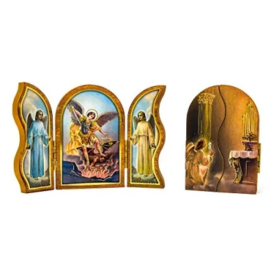 Image of Catholic Gift Shop Saint Michael Wood Plaque Triptych &amp; Lourdes Prayer Card