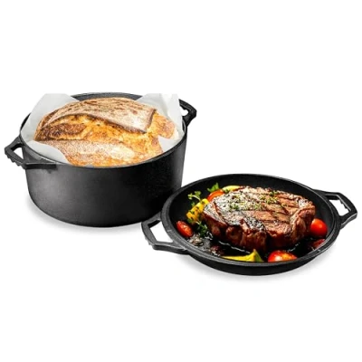 Image of NutriChef Cast Iron Multi Cooker Pre Seasoned Non Stick Double Dutch Oven Stovetop Casserole Cookware Braising Pot and Skillet Lid with Handle For Oven, Stove, Grill, Over a Campfire Cooking