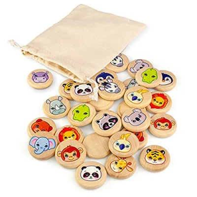 Image of Ulanik Wild Animals Matching Pairs Memory Game Toddler Wooden Board Games for Kids 3+ 4 5 6 7 Year Old Learning &amp; Education Preschool Toys — 30 chips